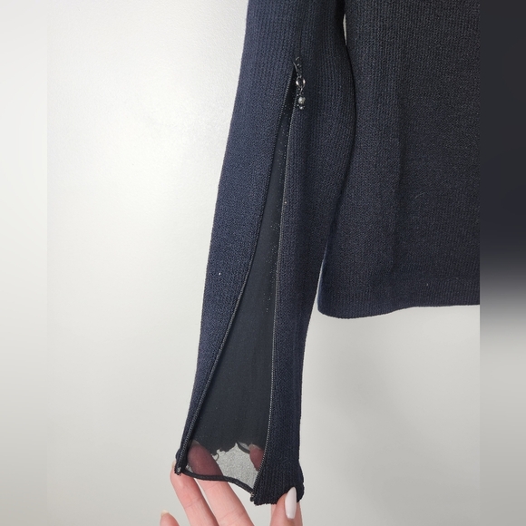 St. John Evening Black Size 4 Santana Knit Top Zipper Sleeves Crystal - Picture 2 of 7